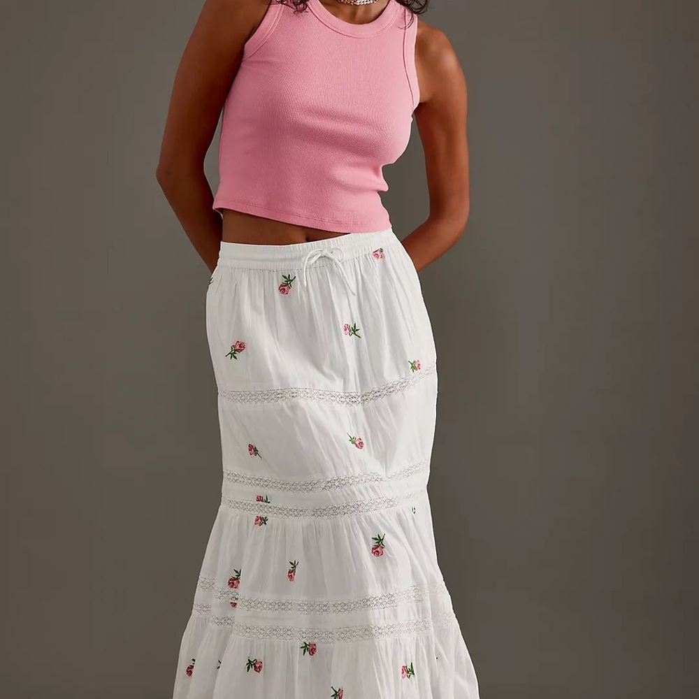 Damson Madder White Embroidered Floral Midi Skirt